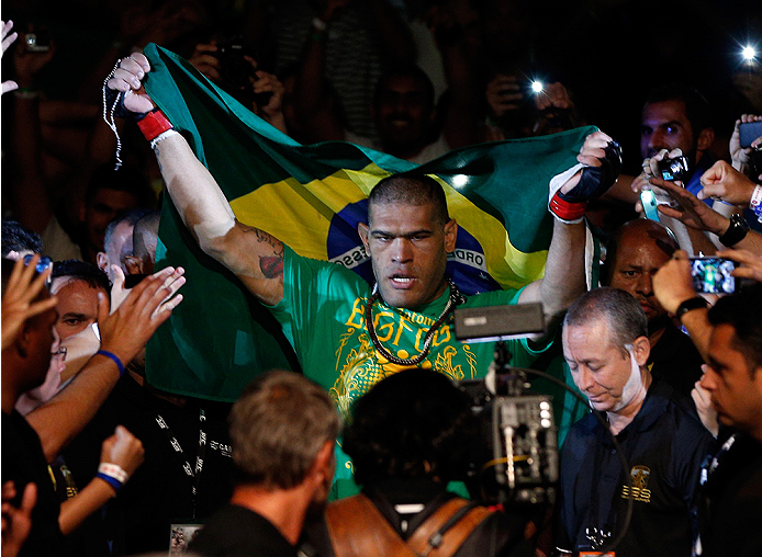 BRASILIA, BRAZIL - SEPTEMBER 13: Antonio ''Bigfoot'' Silva of Brazil enters the arena before his heavyweight bout against Andrei Arlovski of Belarus during the UFC Fight Night event inside Nilson Nelson Gymnasium on September 13, 2014 in Brasilia, Brazil.