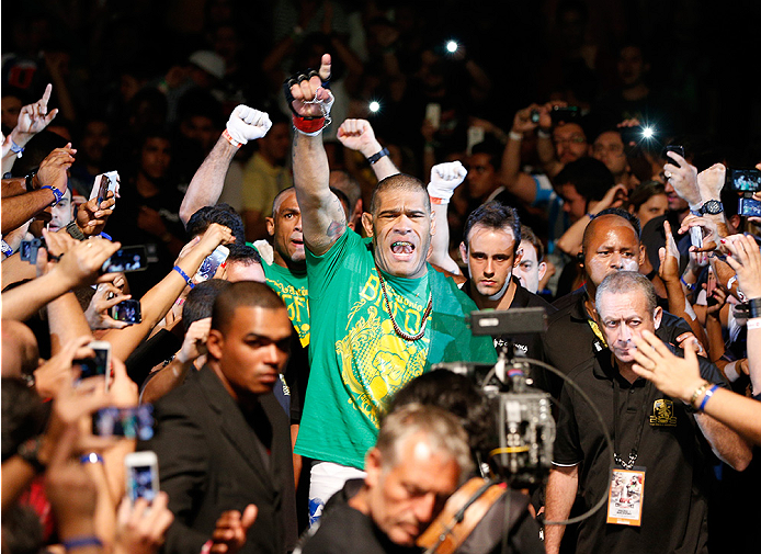 BRASILIA, BRAZIL - SEPTEMBER 13: Antonio ''Bigfoot'' Silva of Brazil enters the arena before his heavyweight bout against Andrei Arlovski of Belarus during the UFC Fight Night event inside Nilson Nelson Gymnasium on September 13, 2014 in Brasilia, Brazil.