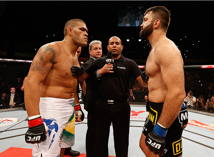 BRASILIA, BRAZIL - SEPTEMBER 13: (L-R) Opponents Antonio "Bigfoot" Silva of Brazil and Andrei Arlovski of Belarus face off before their heavyweight bout during the UFC Fight Night event inside Nilson Nelson Gymnasium on September 13, 2014 in Brasilia, Br