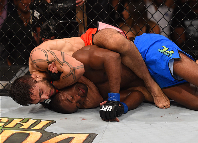 RIO DE JANEIRO, BRAZIL - AUGUST 01: Glaico Franca of Brazil (top) submits Fernando Bruno of Brazil in their lightweight bout during the UFC 190 event inside HSBC Arena on August 1, 2015 in Rio de Janeiro, Brazil. (Photo by Josh Hedges/Zuffa LLC/Zuffa LL