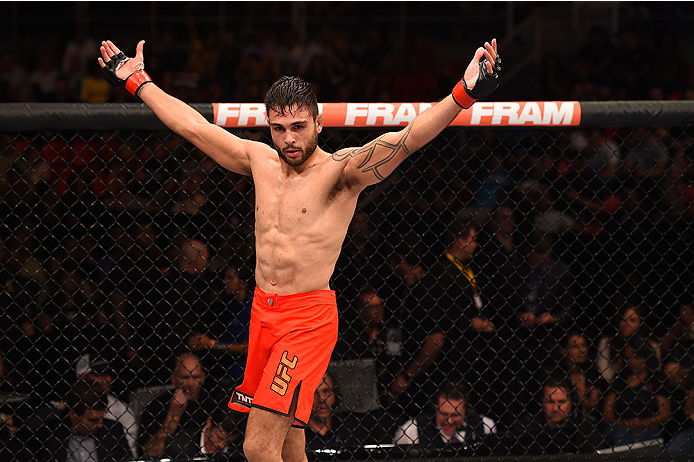 RIO DE JANEIRO, BRAZIL - AUGUST 01: Glaico Franca of Brazil celebrates his submission victory over Fernando Bruno of Brazil in their lightweight bout during the UFC 190 event inside HSBC Arena on August 1, 2015 in Rio de Janeiro, Brazil. (Photo by Josh