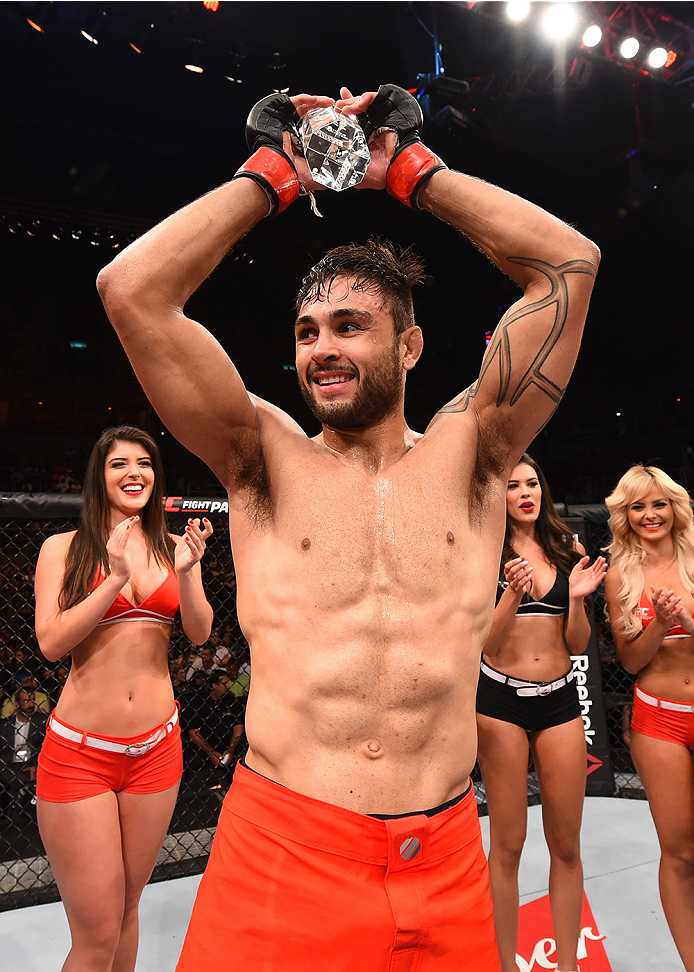 RIO DE JANEIRO, BRAZIL - AUGUST 01: Glaico Franca of Brazil celebrates his submission victory over Fernando Bruno of Brazil in their lightweight bout during the UFC 190 event inside HSBC Arena on August 1, 2015 in Rio de Janeiro, Brazil. (Photo by Josh