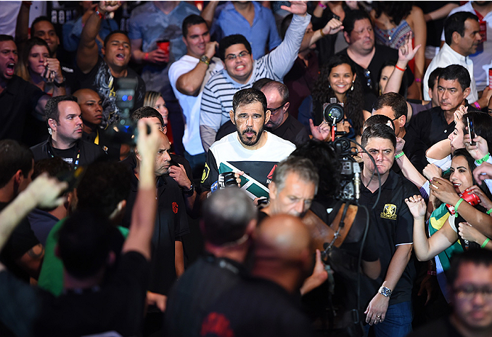RIO DE JANEIRO, BRAZIL - AUGUST 01: Rogerio Nogueira of Brazil prepares to enter the Octagon before facing Mauricio 'Shogun' Rua of Brazil in their light heavyweight bout during the UFC 190 event inside HSBC Arena on August 1, 2015 in Rio de Janeiro, Bra