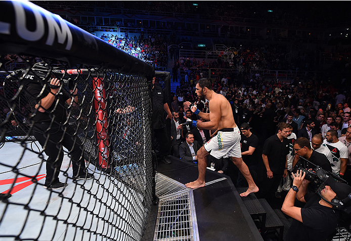 RIO DE JANEIRO, BRAZIL - AUGUST 01: Rogerio Nogueira of Brazil enters the Octagon before facing Mauricio 'Shogun' Rua of Brazil in their light heavyweight bout during the UFC 190 event inside HSBC Arena on August 1, 2015 in Rio de Janeiro, Brazil. (Phot