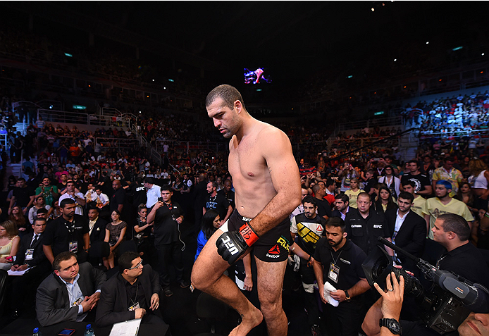 RIO DE JANEIRO, BRAZIL - AUGUST 01: Mauricio 'Shogun' Rua of Brazil enters the Octagon before facing Rogerio Nogueira of Brazil in their light heavyweight bout during the UFC 190 event inside HSBC Arena on August 1, 2015 in Rio de Janeiro, Brazil. (Phot
