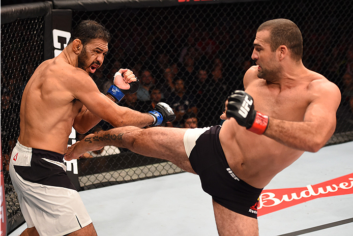 RIO DE JANEIRO, BRAZIL - AUGUST 01: (R-L) Mauricio 'Shogun' Rua of Brazil kicks Rogerio Nogueira of Brazil in their light heavyweight bout during the UFC 190 event inside HSBC Arena on August 1, 2015 in Rio de Janeiro, Brazil. (Photo by Josh Hedges/Zuff