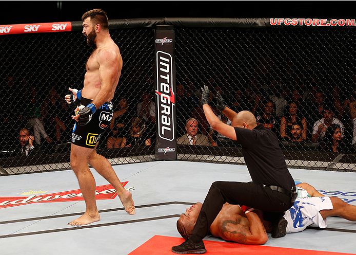 BRASILIA, BRAZIL - SEPTEMBER 13: Andrei Arlovski of Belarus celebrates after his knockout victory over Antonio "Bigfoot" Silva of Brazil in their heavyweight bout during the UFC Fight Night event inside Nilson Nelson Gymnasium on September 13, 2014 in Br