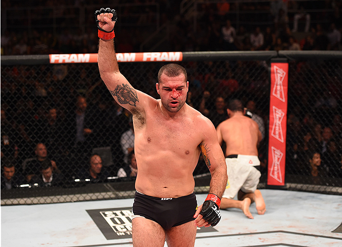 RIO DE JANEIRO, BRAZIL - AUGUST 01: (L-R) Mauricio 'Shogun' Rua of Brazil celebrates his victory over Rogerio Nogueira of Brazil in their light heavyweight bout during the UFC 190 event inside HSBC Arena on August 1, 2015 in Rio de Janeiro, Brazil. (Pho
