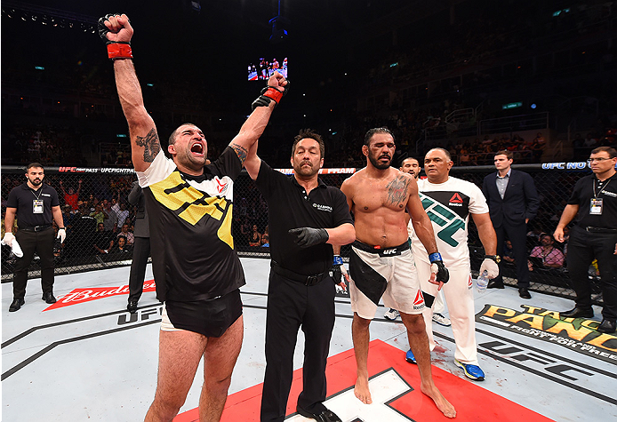 RIO DE JANEIRO, BRAZIL - AUGUST 01: (L-R) Mauricio 'Shogun' Rua of Brazil celebrates his victory over Rogerio Nogueira of Brazil in their light heavyweight bout during the UFC 190 event inside HSBC Arena on August 1, 2015 in Rio de Janeiro, Brazil. (Pho
