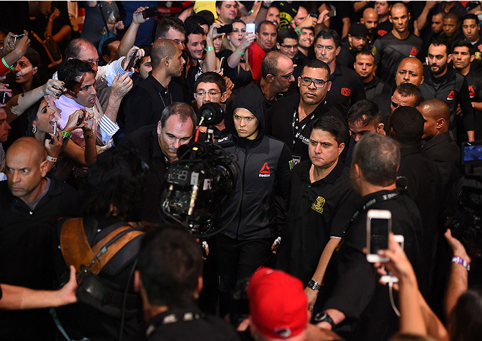 RIO DE JANEIRO, BRAZIL - AUGUST 01: UFC strawweight champion Ronda Rousey of the United States prepares to enter the Octagon before facing Bethe Correia of Brazil in their UFC women's bantamweight championship bout during the UFC 190 event inside HSBC Ar