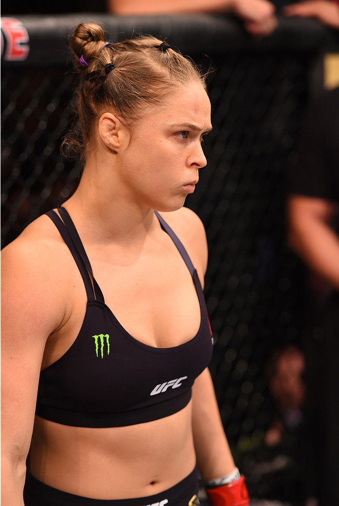 RIO DE JANEIRO, BRAZIL - AUGUST 01: UFC strawweight champion Ronda Rousey of the United States enters the Octagon before facing Bethe Correia of Brazil in their UFC women's bantamweight championship bout during the UFC 190 event inside HSBC Arena on Augu