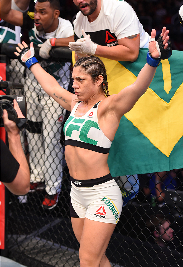 RIO DE JANEIRO, BRAZIL - AUGUST 01: Bethe Correia of Brazil enters the Octagon before facing Ronda Rousey of the United States in their UFC women's bantamweight championship bout during the UFC 190 event inside HSBC Arena on August 1, 2015 in Rio de Jane