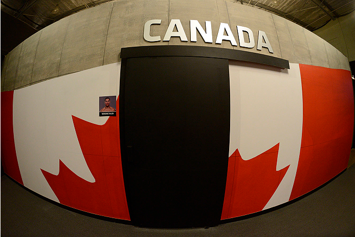 LACHUTE, CANADA - NOVEMBER 11: A general view of the Team Canada flag wall prior to Team Australia fighter Tyler Manawaroa facing Team Canada fighter Nordine Taleb in their middleweight fight during filming of The Ultimate Fighter Nations television seri