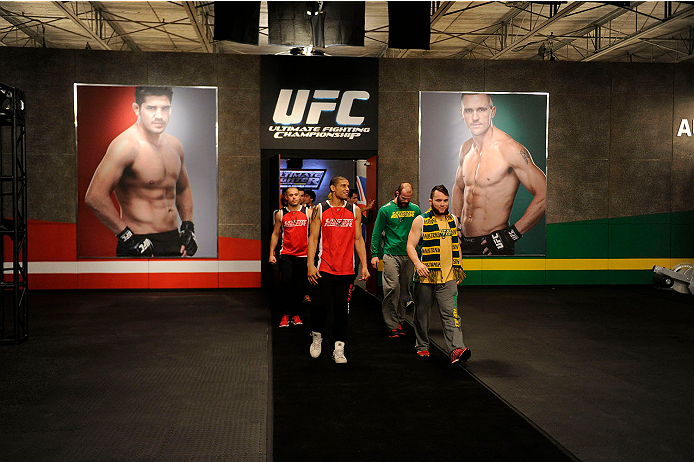 LACHUTE, CANADA - NOVEMBER 11: Team Australia and Team Canada walk out before Team Australia fighter Tyler Manawaroa faces Team Canada fighter Nordine Taleb in their middleweight fight during filming of The Ultimate Fighter Nations television series on N
