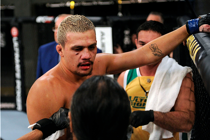 LACHUTE, CANADA - NOVEMBER 11: Team Australia fighter Tyler Manawaroa rests in his corner after going three rounds against Team Canada fighter Nordine Taleb in their middleweight fight during filming of The Ultimate Fighter Nations television series on N
