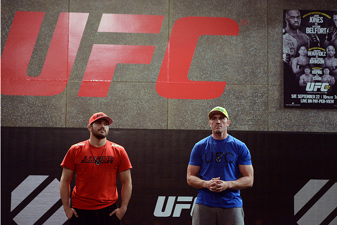 LACHUTE, CANADA - NOVEMBER 11: Team Australia coach Kyle Noke waits to announce the next matchup with Team Canada coach Patrick Cote during filming of The Ultimate Fighter Nations television series on November 11, 2013 in Lachute, Quebec, Canada. (Photo