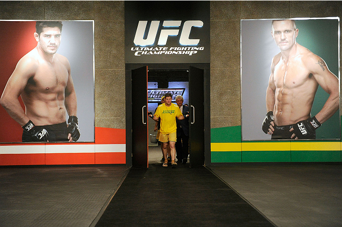 LACHUTE, CANADA - NOVEMBER 17: Team Australia fighter Daniel Kelly enters the gym before taking on Team Canada fighter Sheldon Westcott in their middleweight fight during filming of The Ultimate Fighter Nations television series on November 17, 2013 in L