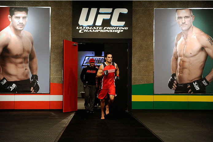 LACHUTE, CANADA - NOVEMBER 17: Team Canada fighter Sheldon Westcott enters the gym before taking on Team Australia fighter Daniel Kelly in their middleweight fight during filming of The Ultimate Fighter Nations television series on November 17, 2013 in L