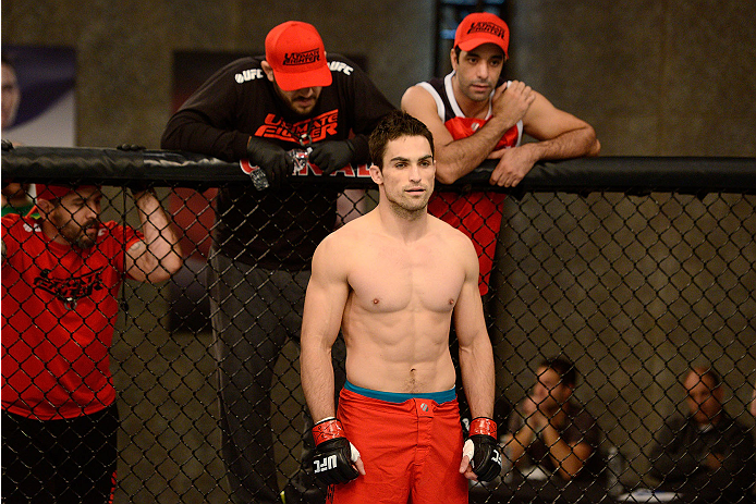 LACHUTE, CANADA - NOVEMBER 17: Team Canada fighter Sheldon Westcott stands in his corner before taking on Team Australia fighter Daniel Kelly in their middleweight fight during filming of The Ultimate Fighter Nations television series on November 17, 201