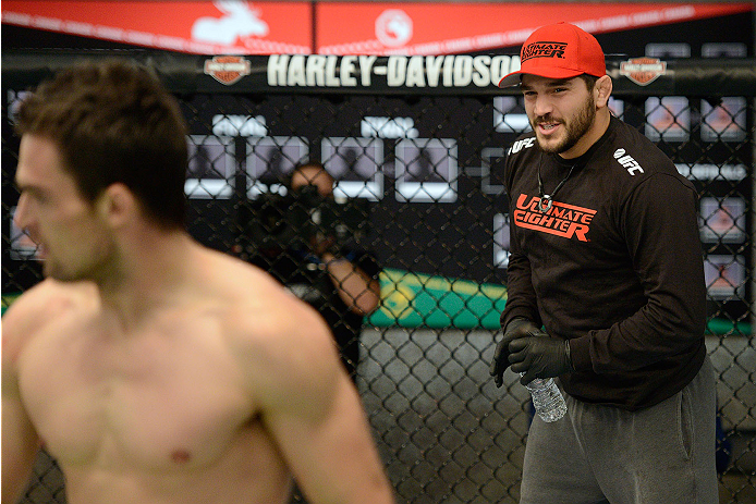 LACHUTE, CANADA - NOVEMBER 17: Team Canada coach Patrick Cote cheers on his fighter Sheldon Westcott after submitting Team Australia fighter Daniel Kelly in their middleweight fight during filming of The Ultimate Fighter Nations television series on Nove