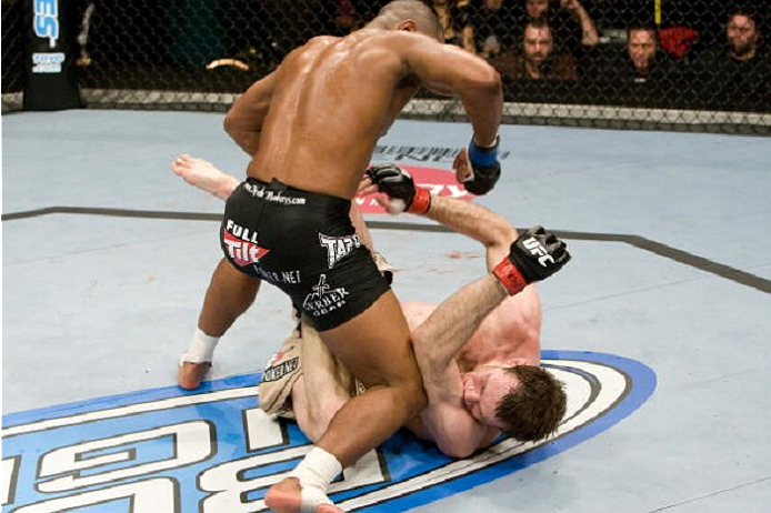 LAS VEGAS, NV - DECEMBER 27: Rashad Evans (black shorts) def. Forrest Griffin (tan/brown shorts) - TKO 2:46 round 3 during the UFC 92 at MGM Grand Garden Arena on December 27, 2008 in Las Vegas, Nevada. (Photo by: Josh Hedges/Zuffa LLC via Getty Images)