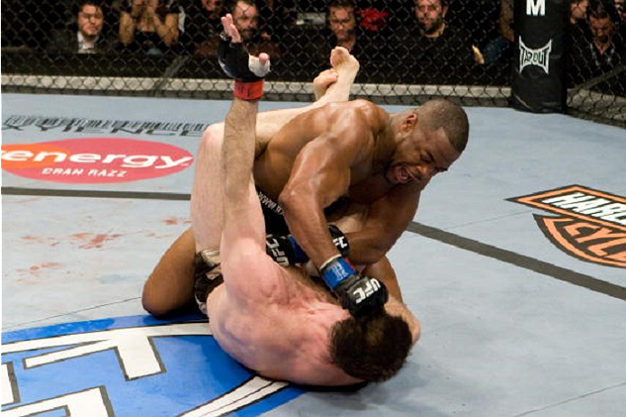 LAS VEGAS, NV - DECEMBER 27: Rashad Evans (black shorts) def. Forrest Griffin (tan/brown shorts) - TKO 2:46 round 3 during the UFC 92 at MGM Grand Garden Arena on December 27, 2008 in Las Vegas, Nevada. (Photo by: Josh Hedges/Zuffa LLC via Getty Images)