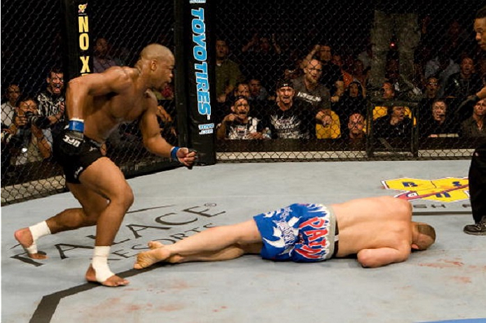 ATLANTA, GA - SEPTEMBER 6: Rashad Evans (black shorts) def. Chuck Liddell (blue shorts) - KO - 1:51 round 2 during UFC 88 at Philips Arena on September 6, 2008 in Atlanta, Georgia. (Photo by Josh Hedges/Zuffa LLC via Getty Images)