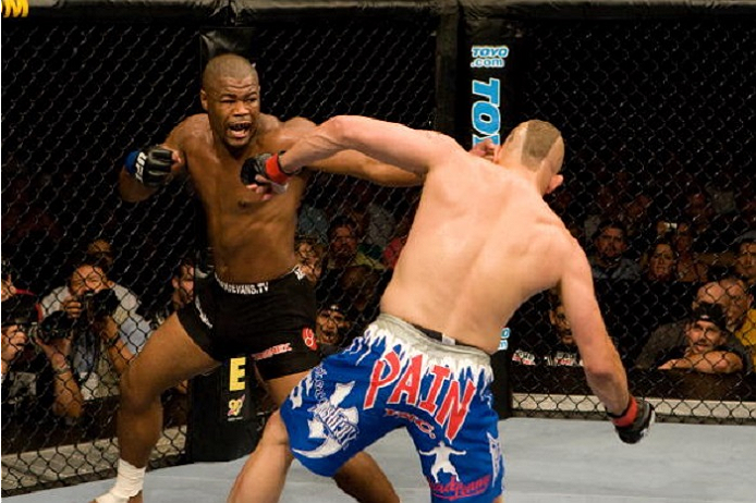 ATLANTA, GA - SEPTEMBER 6: Rashad Evans (black shorts) def. Chuck Liddell (blue shorts) - KO - 1:51 round 2 during UFC 88 at Philips Arena on September 6, 2008 in Atlanta, Georgia. (Photo by Josh Hedges/Zuffa LLC via Getty Images)