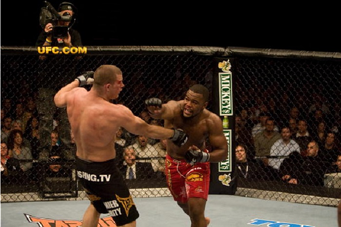 NEWARK, NJ - NOVEMBER 17: Rashad Evans (red shorts) def. Michael Bisping (black shorts) - Split Decision during UFC 78 at Predential Center on November 17, 2007 in Newark, New Jersey. (Photo by Josh Hedges/Zuffa LLC via Getty Images)