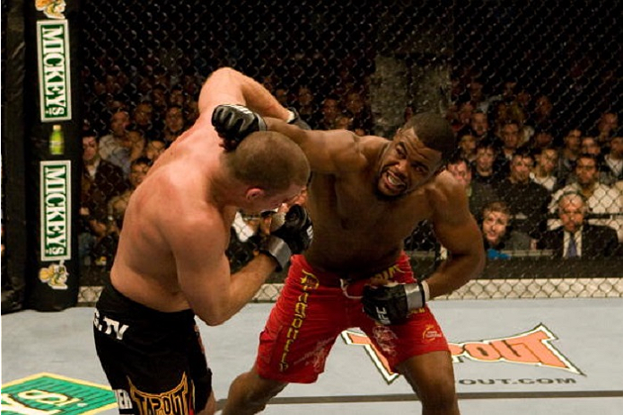 NEWARK, NJ - NOVEMBER 17: Rashad Evans (red shorts) def. Michael Bisping (black shorts) - Split Decision during UFC 78 at Predential Center on November 17, 2007 in Newark, New Jersey. (Photo by Josh Hedges/Zuffa LLC via Getty Images)