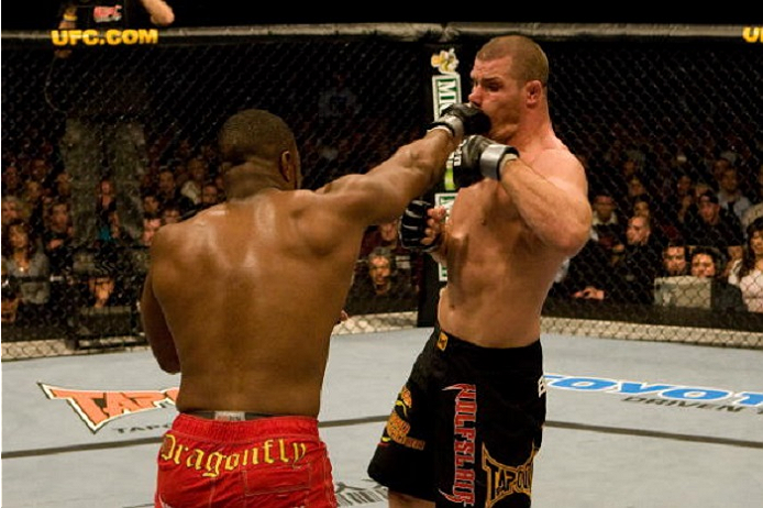 NEWARK, NJ - NOVEMBER 17: Rashad Evans (red shorts) def. Michael Bisping (black shorts) - Split Decision during UFC 78 at Predential Center on November 17, 2007 in Newark, New Jersey. (Photo by Josh Hedges/Zuffa LLC via Getty Images)