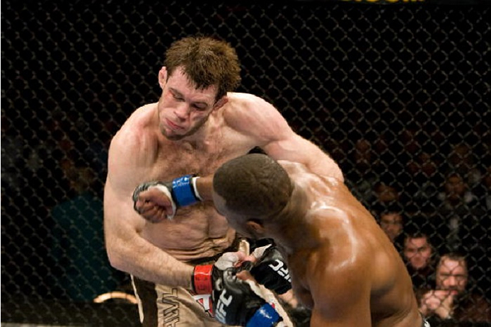 LAS VEGAS, NV - DECEMBER 27: Rashad Evans (black shorts) def. Forrest Griffin (tan/brown shorts) - TKO 2:46 round 3 during the UFC 92 at MGM Grand Garden Arena on December 27, 2008 in Las Vegas, Nevada. (Photo by: Josh Hedges/Zuffa LLC via Getty Images)