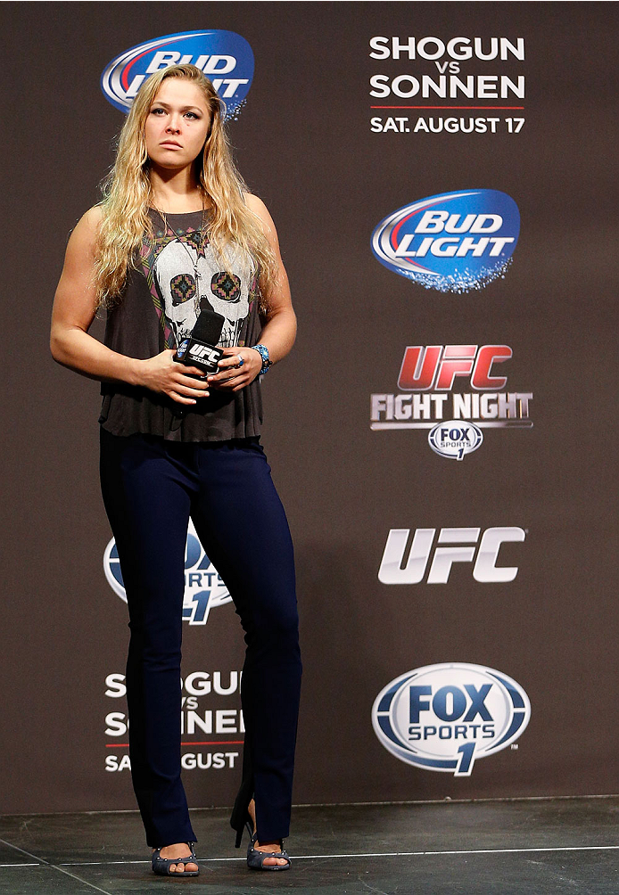 BOSTON, MA - AUGUST 16: UFC women's bantamweight champion Ronda Rousey interacts with fans during a Q&A session befofe the UFC weigh-in inside TD Garden on August 16, 2013 in Boston, Massachusetts. (Photo by Josh Hedges/Zuffa LLC/Zuffa LLC via Getty Imag