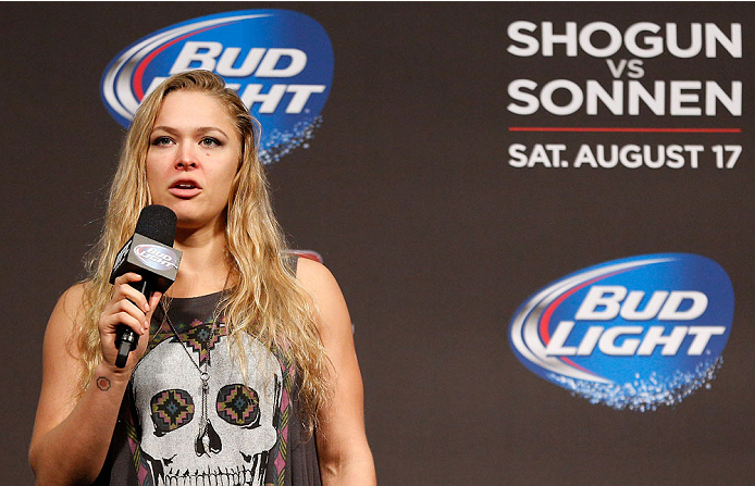 BOSTON, MA - AUGUST 16: UFC women's bantamweight champion Ronda Rousey interacts with fans during a Q&A session befofe the UFC weigh-in inside TD Garden on August 16, 2013 in Boston, Massachusetts. (Photo by Josh Hedges/Zuffa LLC/Zuffa LLC via Getty Imag