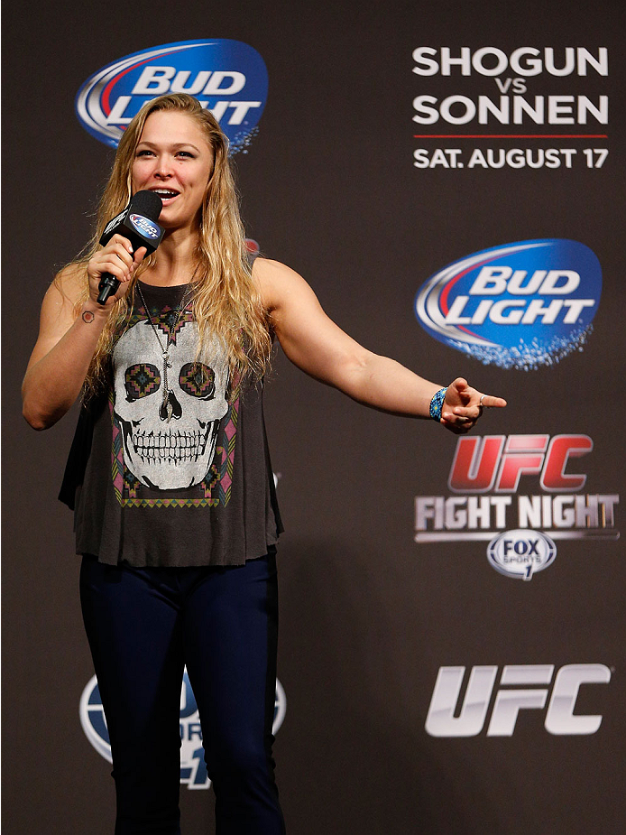 BOSTON, MA - AUGUST 16: UFC women's bantamweight champion Ronda Rousey interacts with fans during a Q&A session befofe the UFC weigh-in inside TD Garden on August 16, 2013 in Boston, Massachusetts. (Photo by Josh Hedges/Zuffa LLC/Zuffa LLC via Getty Imag
