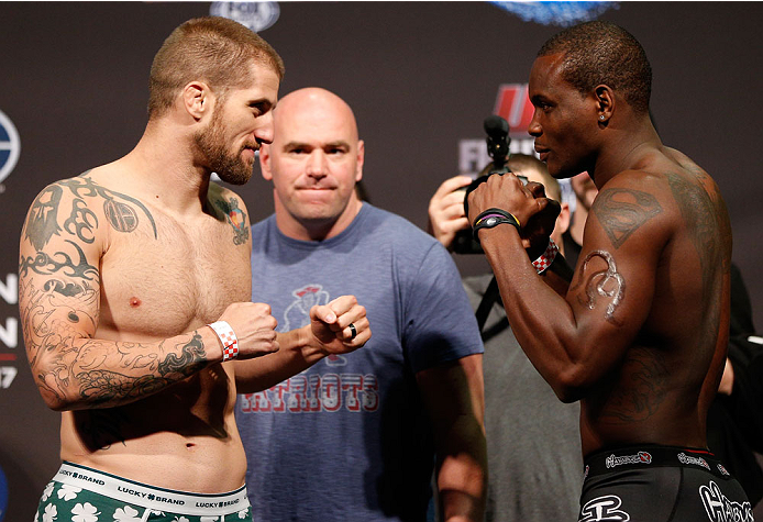 BOSTON, MA - AUGUST 16: (L-R) Opponents Cody Donovan and Ovince Saint Preux face off during the UFC weigh-in inside TD Garden on August 16, 2013 in Boston, Massachusetts. (Photo by Josh Hedges/Zuffa LLC/Zuffa LLC via Getty Images)