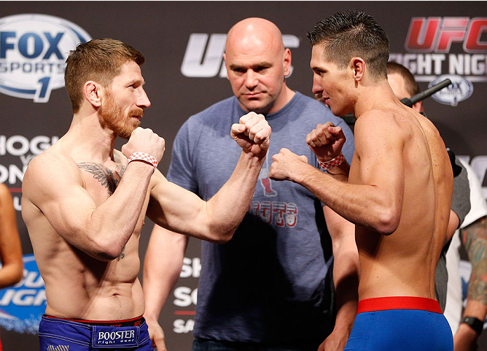 BOSTON, MA - AUGUST 16: (L-R) Opponents Mike Brown and Steven Siler face off during the UFC weigh-in inside TD Garden on August 16, 2013 in Boston, Massachusetts. (Photo by Josh Hedges/Zuffa LLC/Zuffa LLC via Getty Images)