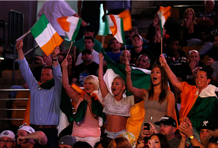 BOSTON, MA - AUGUST 16: Fans in attendance wave Irish flags in support of Conor McGregor during the UFC weigh-in inside TD Garden on August 16, 2013 in Boston, Massachusetts. (Photo by Josh Hedges/Zuffa LLC/Zuffa LLC via Getty Images)
