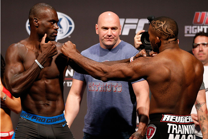 BOSTON, MA - AUGUST 16: (L-R) Opponents Uriah Hall and John Howard face off during the UFC weigh-in inside TD Garden on August 16, 2013 in Boston, Massachusetts. (Photo by Josh Hedges/Zuffa LLC/Zuffa LLC via Getty Images)