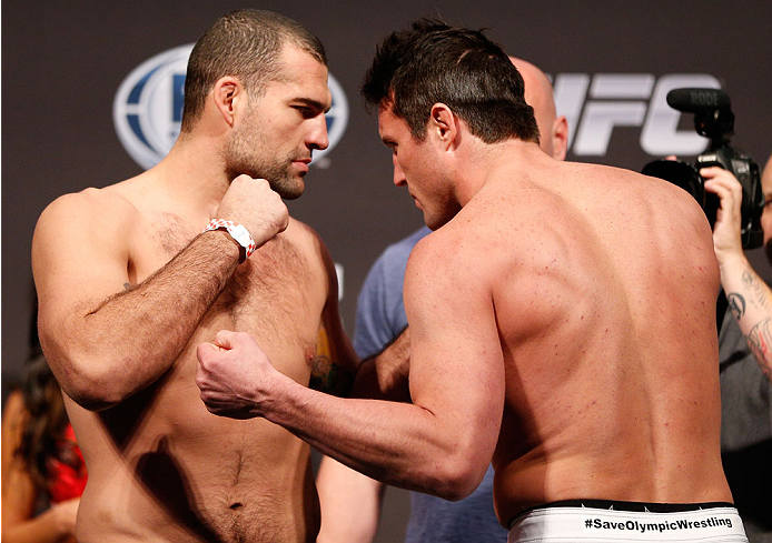BOSTON, MA - AUGUST 16: (L-R) Opponents Mauricio "Shogun" Rua and Chael Sonnen face off during the UFC weigh-in inside TD Garden on August 16, 2013 in Boston, Massachusetts. (Photo by Josh Hedges/Zuffa LLC/Zuffa LLC via Getty Images)