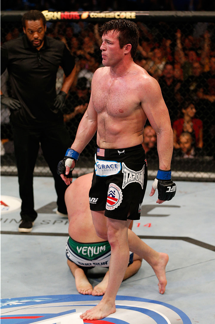 BOSTON, MA - AUGUST 17: Chael Sonnen reacts after his submission victory over Mauricio "Shogun" Rua in their UFC light heavyweight bout at TD Garden on August 17, 2013 in Boston, Massachusetts. (Photo by Josh Hedges/Zuffa LLC/Zuffa LLC via Getty Images)