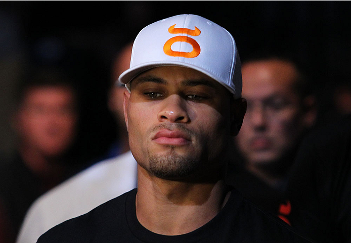 INDIANAPOLIS, IN - AUGUST 28: Abel Trujillo enters the arena before his lightweight fight against Roger Bowling during the UFC on FOX Sports 1 event at Bankers Life Fieldhouse on August 28, 2013 in Indianapolis, Indiana. (Photo by Ed Mulholland/Zuffa LLC