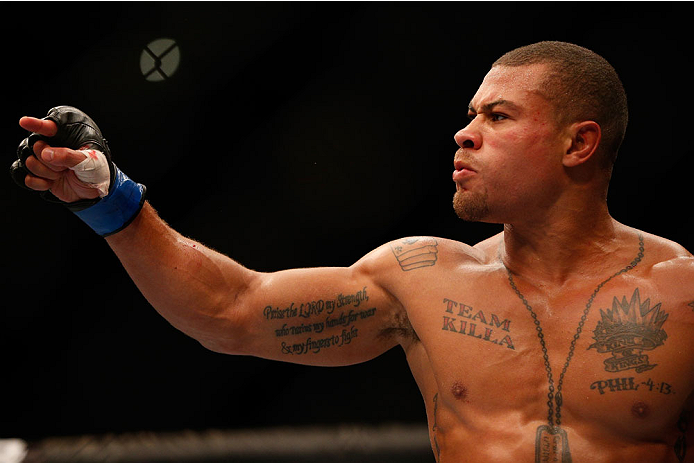 INDIANAPOLIS, IN - AUGUST 28: Abel Trujillo reacts after the referee ended his contest against Roger Bowling due to an illegal knee during the UFC on FOX Sports 1 event at Bankers Life Fieldhouse on August 28, 2013 in Indianapolis, Indiana. (Photo by Jos