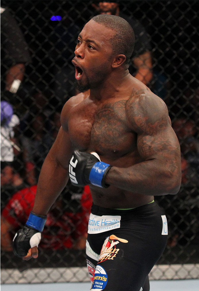 INDIANAPOLIS, IN - AUGUST 28: Jason High reacts after his submission victory over James Head in their welterweight fight during the UFC on FOX Sports 1 event at Bankers Life Fieldhouse on August 28, 2013 in Indianapolis, Indiana. (Photo by Ed Mulholland/