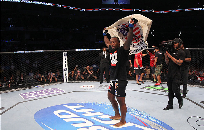 INDIANAPOLIS, IN - AUGUST 28: Jason High reacts after his submission victory over James Head in their welterweight fight during the UFC on FOX Sports 1 event at Bankers Life Fieldhouse on August 28, 2013 in Indianapolis, Indiana. (Photo by Ed Mulholland/