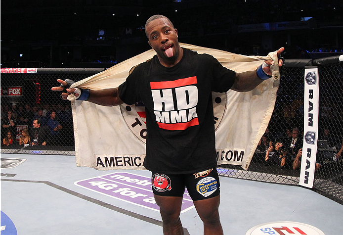 INDIANAPOLIS, IN - AUGUST 28: Jason High reacts after his submission victory over James Head in their welterweight fight during the UFC on FOX Sports 1 event at Bankers Life Fieldhouse on August 28, 2013 in Indianapolis, Indiana. (Photo by Ed Mulholland/