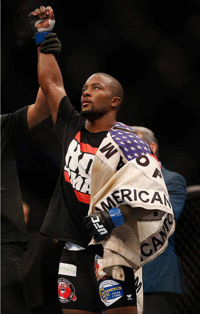 INDIANAPOLIS, IN - AUGUST 28: Jason High reacts after his submission victory over James Head in their welterweight fight during the UFC on FOX Sports 1 event at Bankers Life Fieldhouse on August 28, 2013 in Indianapolis, Indiana. (Photo by Josh Hedges/Zu