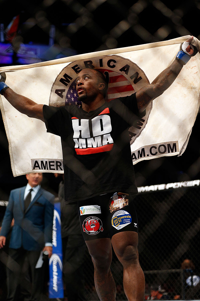 INDIANAPOLIS, IN - AUGUST 28: Jason High reacts after his submission victory over James Head in their welterweight fight during the UFC on FOX Sports 1 event at Bankers Life Fieldhouse on August 28, 2013 in Indianapolis, Indiana. (Photo by Josh Hedges/Zu