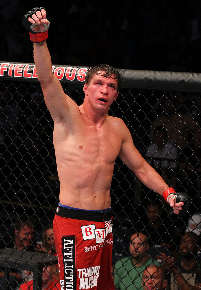 INDIANAPOLIS, IN - AUGUST 28: Darren Elkins reacts after his victory over Hatsu Hioki in their featherweight fight during the UFC on FOX Sports 1 event at Bankers Life Fieldhouse on August 28, 2013 in Indianapolis, Indiana. (Photo by Ed Mulholland/Zuffa