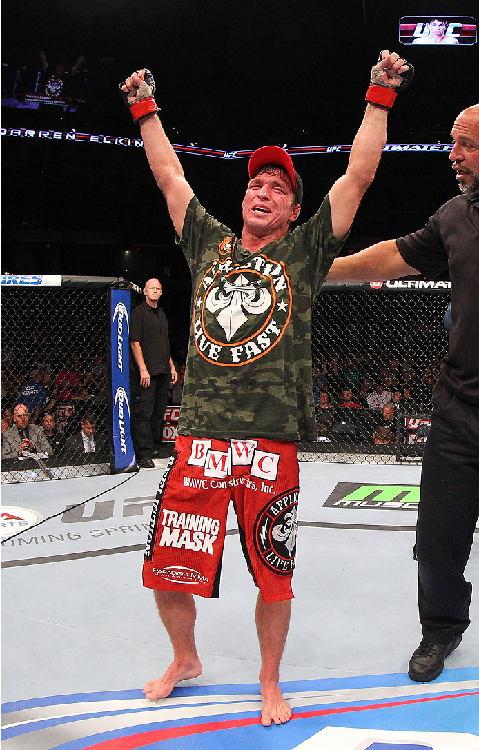 INDIANAPOLIS, IN - AUGUST 28: Darren Elkins reacts after his victory over Hatsu Hioki in their featherweight fight during the UFC on FOX Sports 1 event at Bankers Life Fieldhouse on August 28, 2013 in Indianapolis, Indiana. (Photo by Ed Mulholland/Zuffa